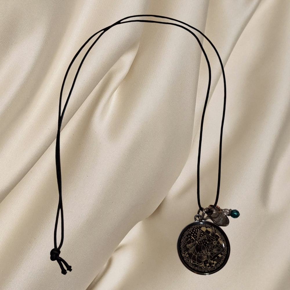 Elegant Black Corded 2 Sided Pendant Necklace with Charms